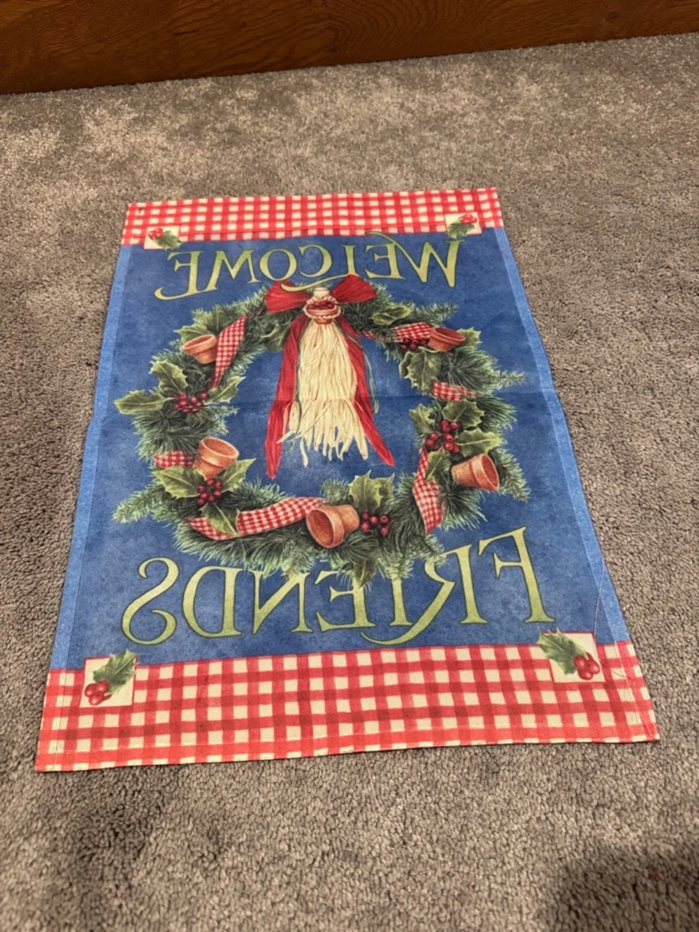 Welcome Friends Christmas Wreath Garden Flag Red Gingham Holiday 12.5x18